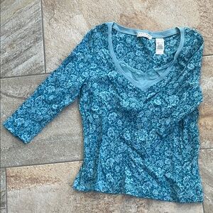 Liz Claiborne Teal Floral V-Neck Long Sleeve Top
